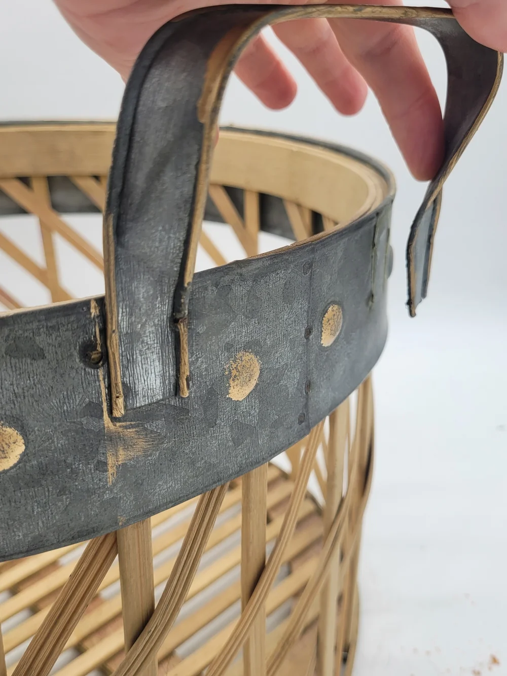 Round Woven Bamboo Basket Galvanized Metal Handles +Trim Farmhouse Style Damaged
